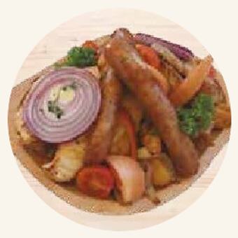 Grill tál fatálcán: roston tarja, csirkemell, sült kolbász és steakburgonya
